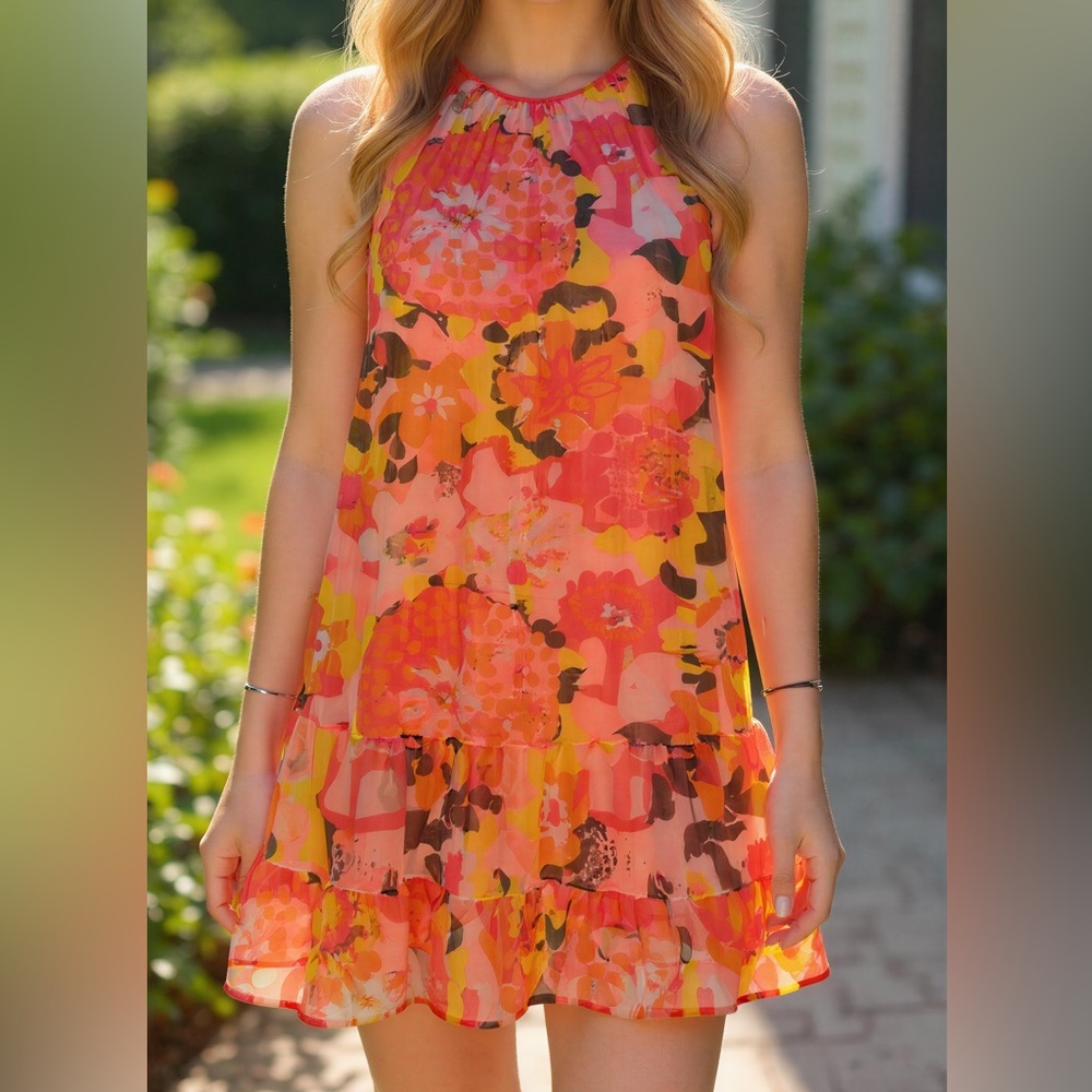 Vintage 60's Vanity Fair Sleeveless Coral Chiffon Mini Dress‎ -- XS